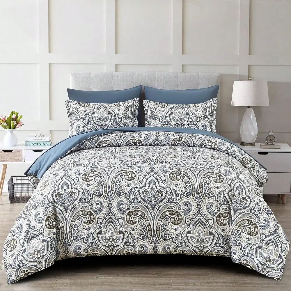 

Комплект постельного белья Pieces Paisley Comforter Set Queen King Bed In A Bag, синий, в стиле бохо, с узором пейсли, из мягкой микрофибры, размер Queen.