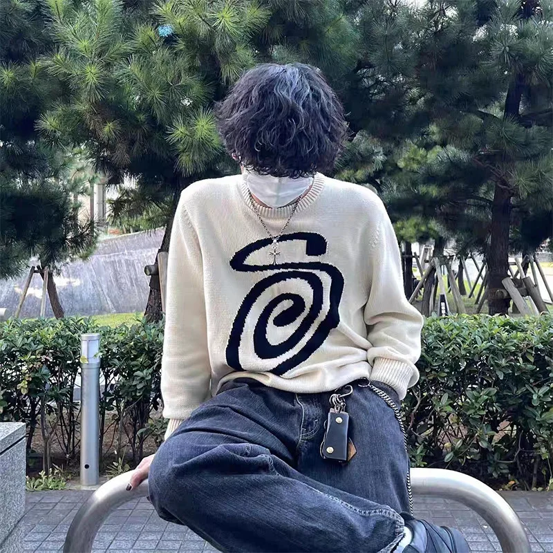 Y2k Millennium Wind Mosquito Coil Pattern Printed Pattern Round Neck Loose Sweater Street Style Knitted Sweater Top For Women