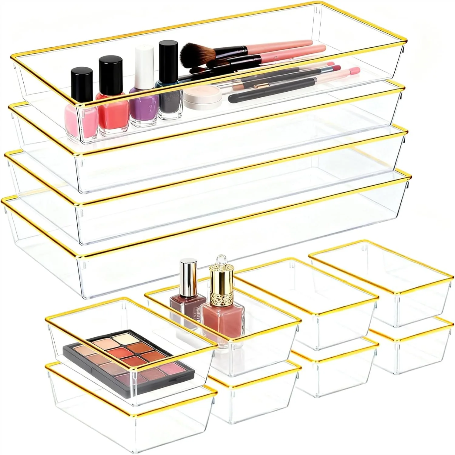 

12 Pack Large Clear Drawer Organizer Trays with Gold Rim, Modular Stackable Storage for Makeup, Jewelry, Office Desk, Kitchen