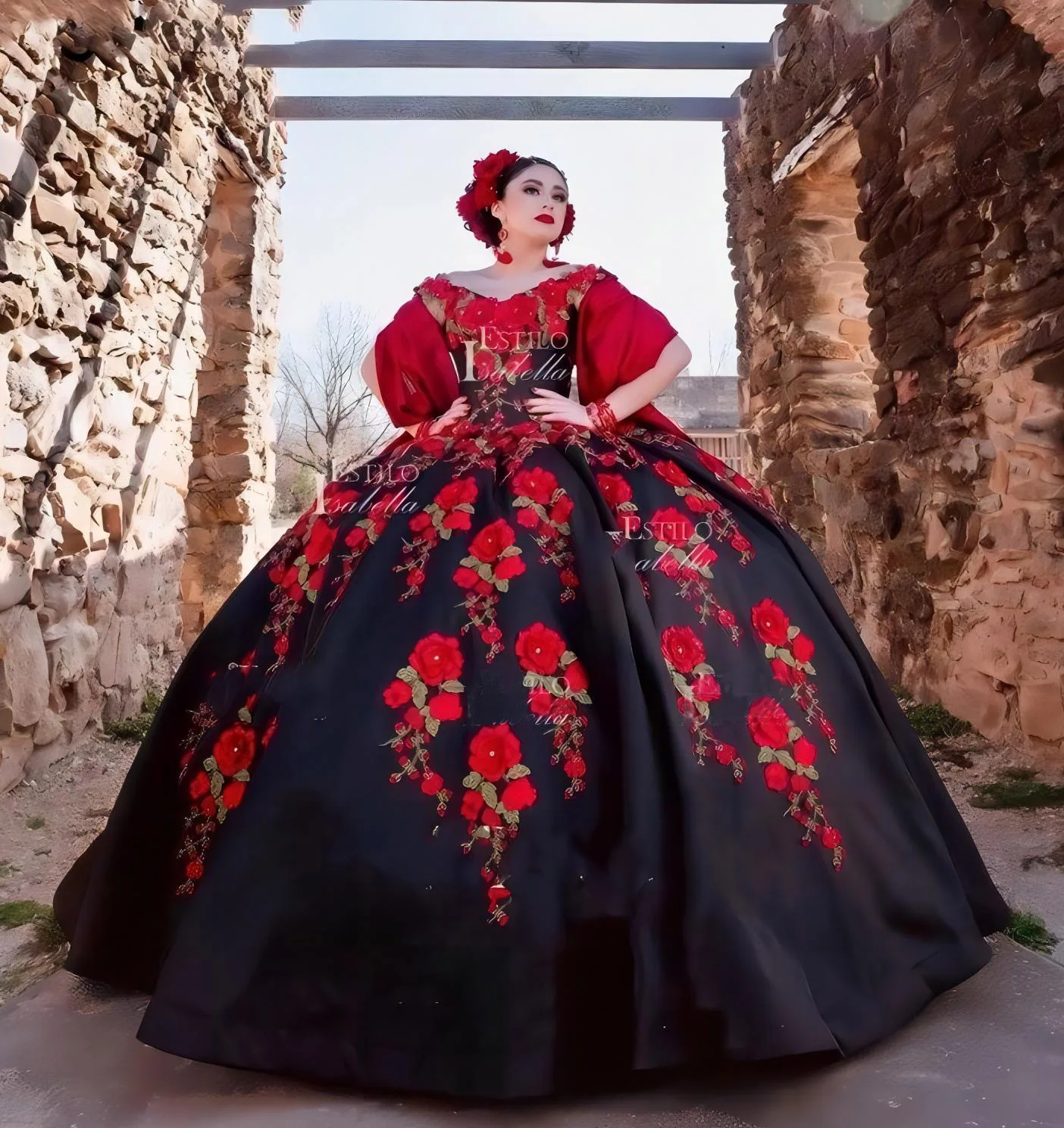 Black Mexican Style Quinceanera Dresses Charro Red 3D Flowers Embroidered Lace Layers Satin Vestidos Para XV AƱos Customized