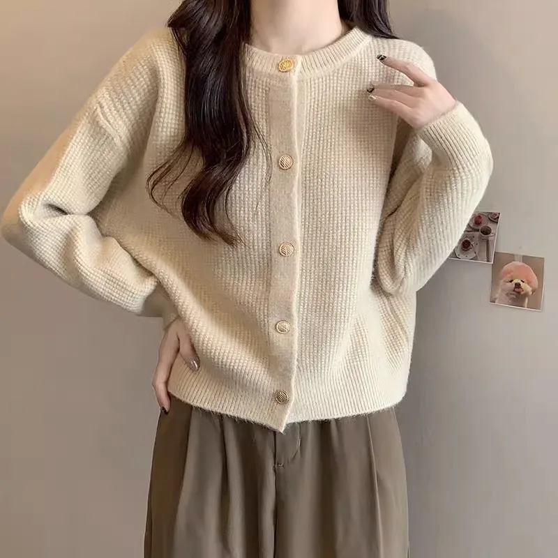 

Casual Round Neck Knitted Cardigan Women's Loose Sweater 2024 Autumn Winter New Soft Knitted Top Versatile Short Jacket