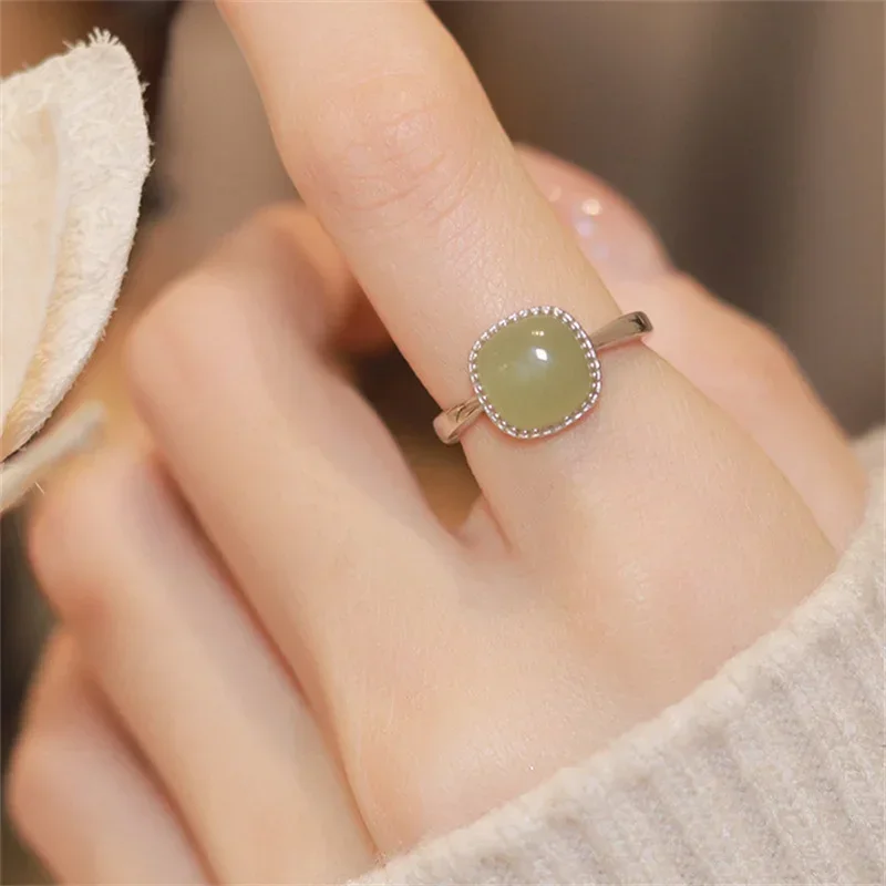 Кольцо Женское Vintage Artificial Jade Square Ring Chinese Style Crystal Geometric Finger Ring For Women Fashion Jewelry 반지 image 5