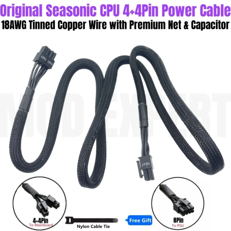 Original EPS CPU Power Cable 8Pin to 4+4Pin Sleeved for Seasonic X-1250, X-1050, X-850, X-750, X-650 Gold Modular PSU 70CM 18AWG