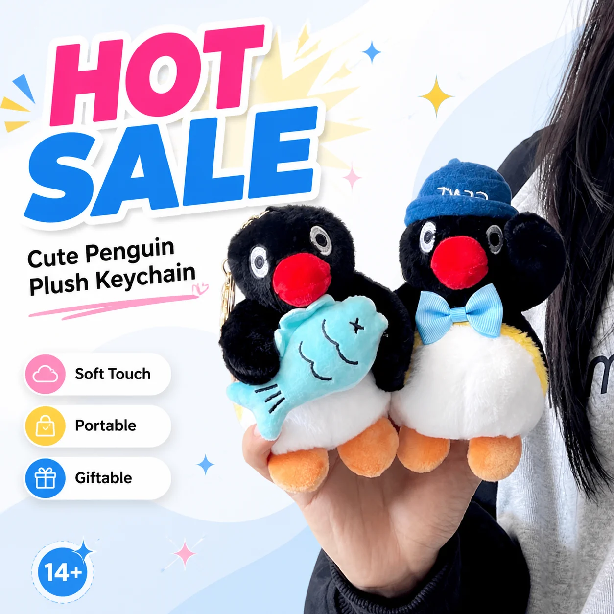 Pingu Penguin Plush Keychain Mini Stuffed Doll Bag Charm Bowknot Fish Decor Creative Gift Bag Decoration Fashion Accessories