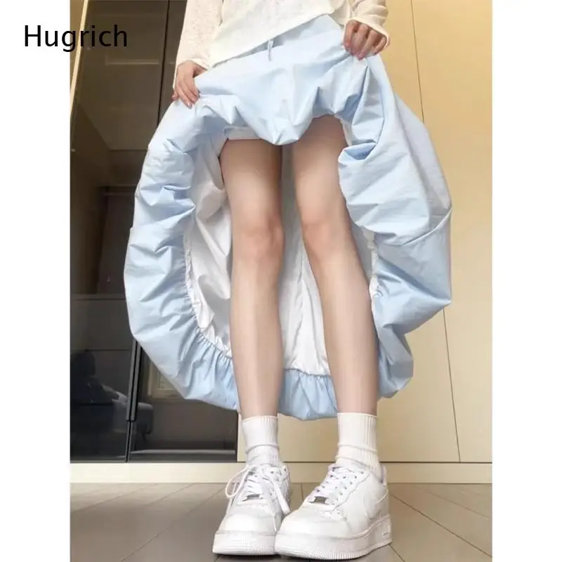

Elastic Drawstring Waist Bubble Midi Skirt Ruffled Hem Double Layer Inner Shorts Casual Puffy Skirt
