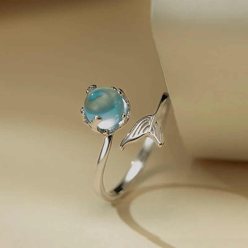 New Arrival Creative Mermaid 925 Sterling Silver Jewelry Personality Crystal Ball Fish Tail Opening Rings R163