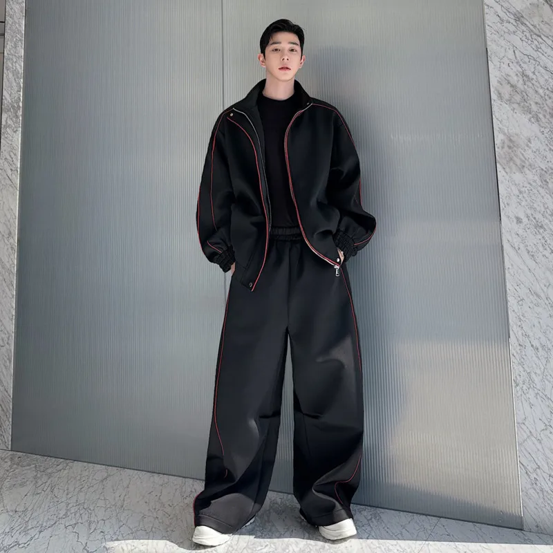 WVGA 2026 Spring New Men Tide Trendy Personality Rolling Stand Collar Coat Niche Chic Casual Straight Pants Two-Piece Set W19510