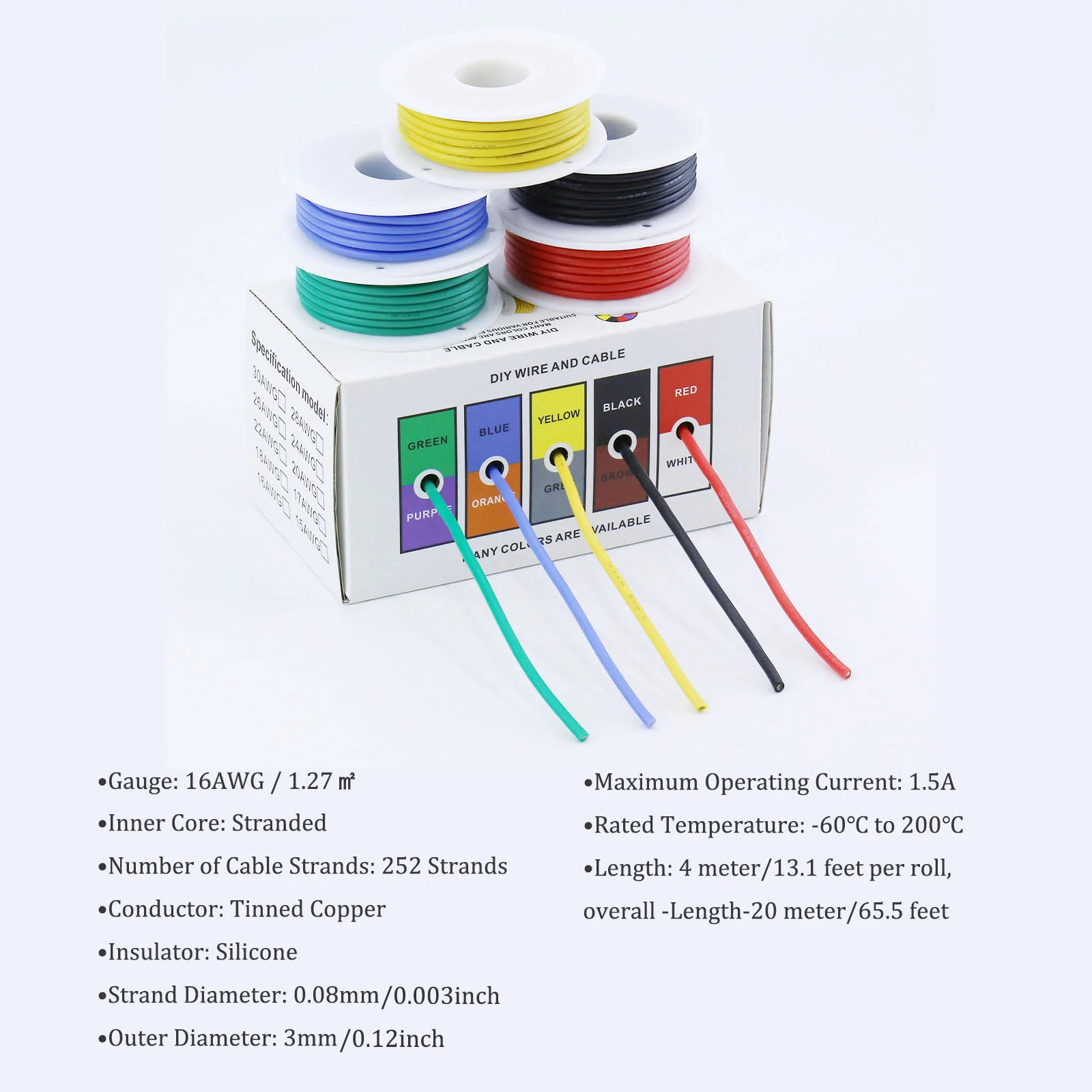 16 AWG Stranded Electrical Wire 16 Gauge Tinned Copper Wires Flexible Silicone Electric Hook Up Wire Kit  5 Colors 13.1/4m Each
