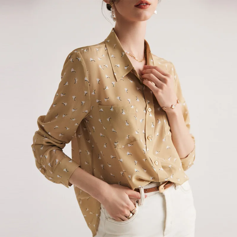 Sand-washed Print Silk Shirt for Women Long Sleeve Office Lady Shirts Lapel 100% Mulberry Silk Blouse Korean Fashion Female Tops