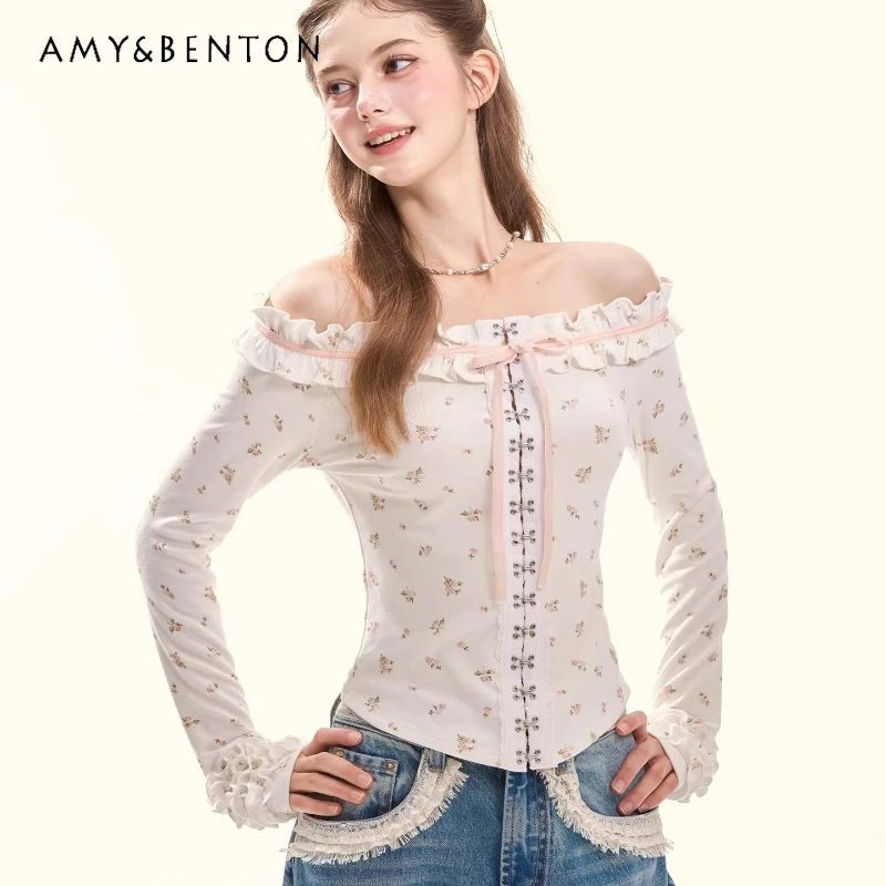 French Retro Design Ruffled Floral Off-shoulder Women's Top 2026 Spring New Sweet Elegant Versatile Long-sleeve T-shirt Ladies
