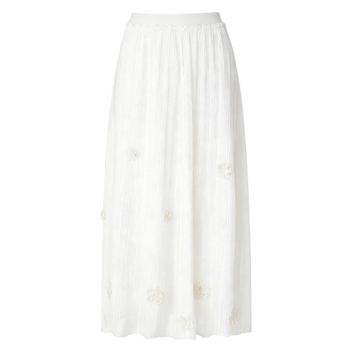 26169 High Quality Summer Autumn Women Heavy Craft Beaded 3D Floral Knitted Midi Skirt Elegant Daily Casual Ladies Long Skirt