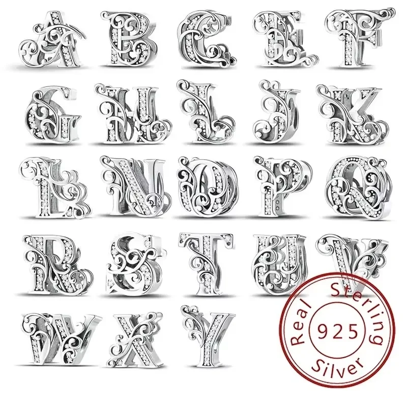 925 Sterling Silver English Letter Charms Beads Fit Original Pan DIY Bracelets Making Gift Of High Quality Fine Jewelry