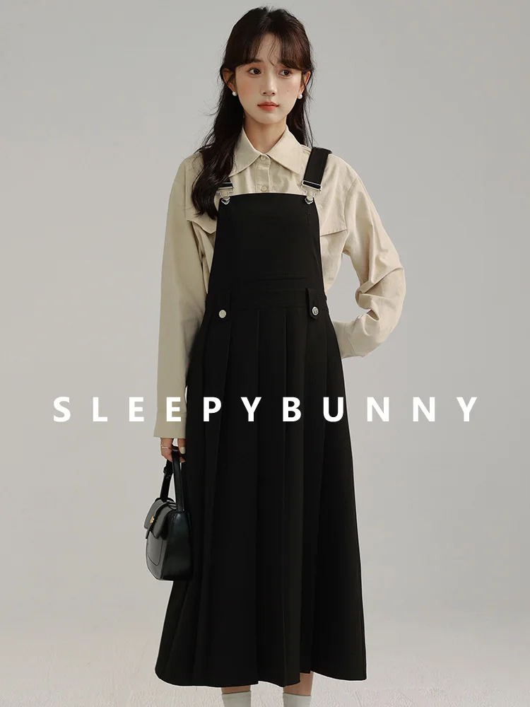 Elegante Plissee Hosenträger Kleid Frauen Herbst Hohe Taille Schlank Pinafore Midi Kleid Casual Vintage Ärmelloses A-line Kleid Outfit