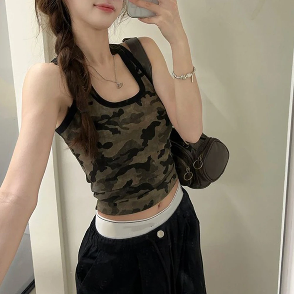 Dark Green Camouflage Sleeveless Vest For Women Summer Casual O Neck Slim Tank Top Holiday Vacation Daily Wear Clothing