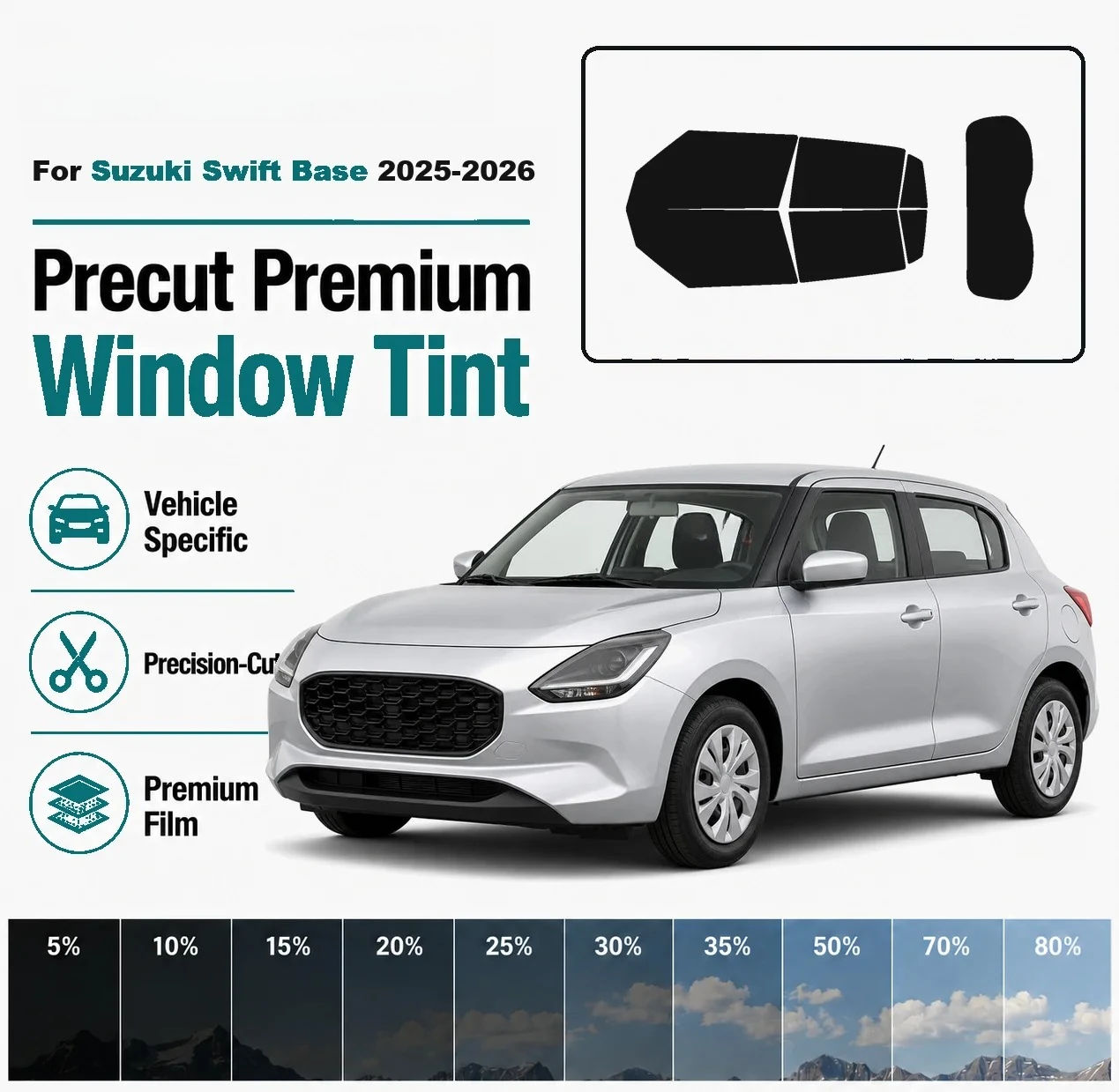 Custom Cut Window Tint Film For Suzuki Swift Base 2025‑2026 Front & Rear Windows UV Heat Rejection Anti‑Scratch Privacy Film