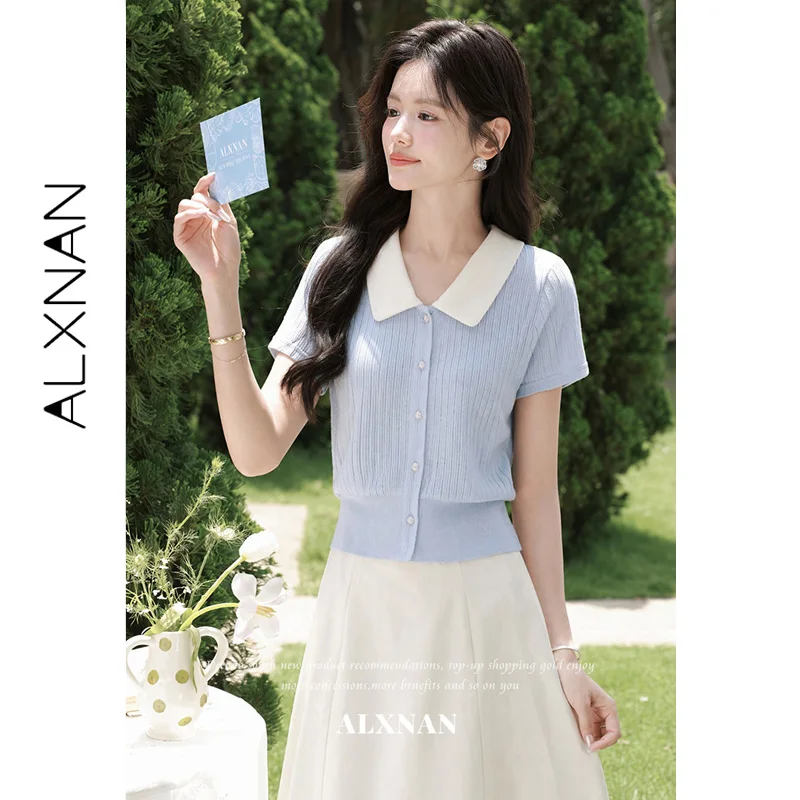 ALXNAN Blue Striped T‑shirt 2026 New Short Sleeve White Lapel Floral Buttons Textured Tees Elegant Casual Women Tops DYL662926