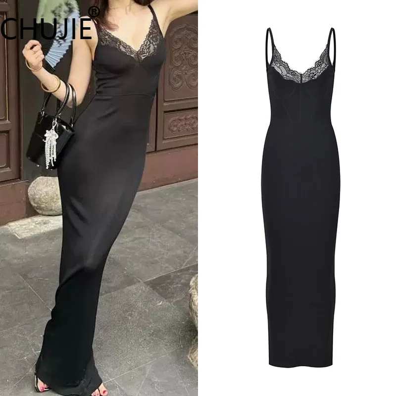 

CHUJIE 2025 Summer Lace Trim Dress | Sexy Slim Fit Long Slip Dress | Black Bodycon Maxi Dress