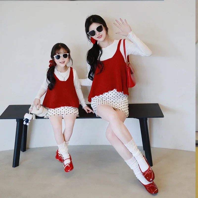 

2025 Spring Mother and Girls Matching Clothes Sets Mom and Daughter Baby Vest + Long Sleeve Pullover + Skirts Outfits Kids Suit