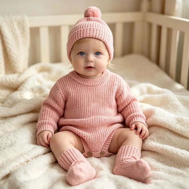 Autumn Baby Knitted Romper Headband Hat Socks Set 3Pcs Solid Color Newborn Outfit Cotton Warm Infant Shower Clothing Gifts