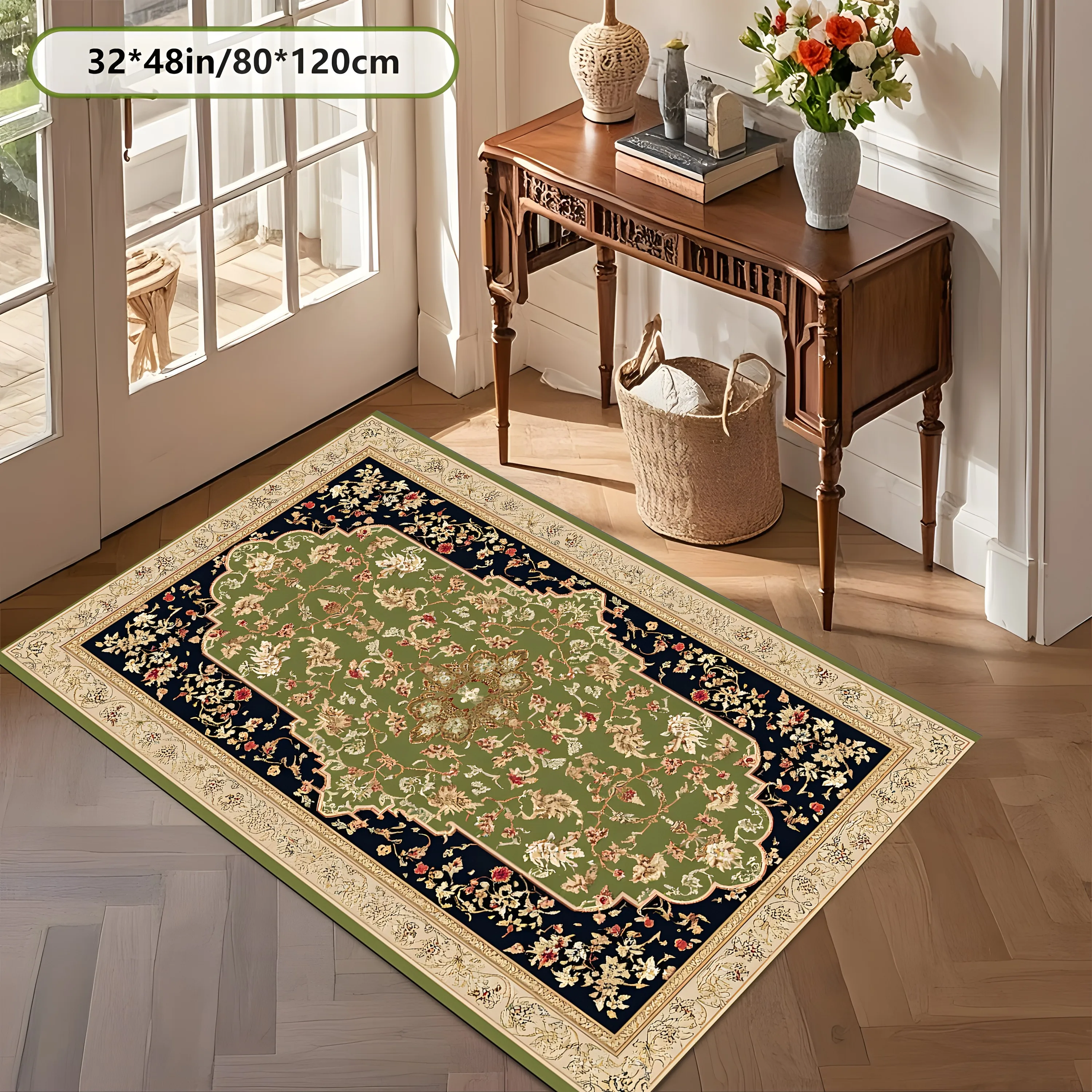 2D Carpet with Retro Persian Symmetrical Floral Cluster Pattern in European Light Luxury Style for Living Room and Bedroom