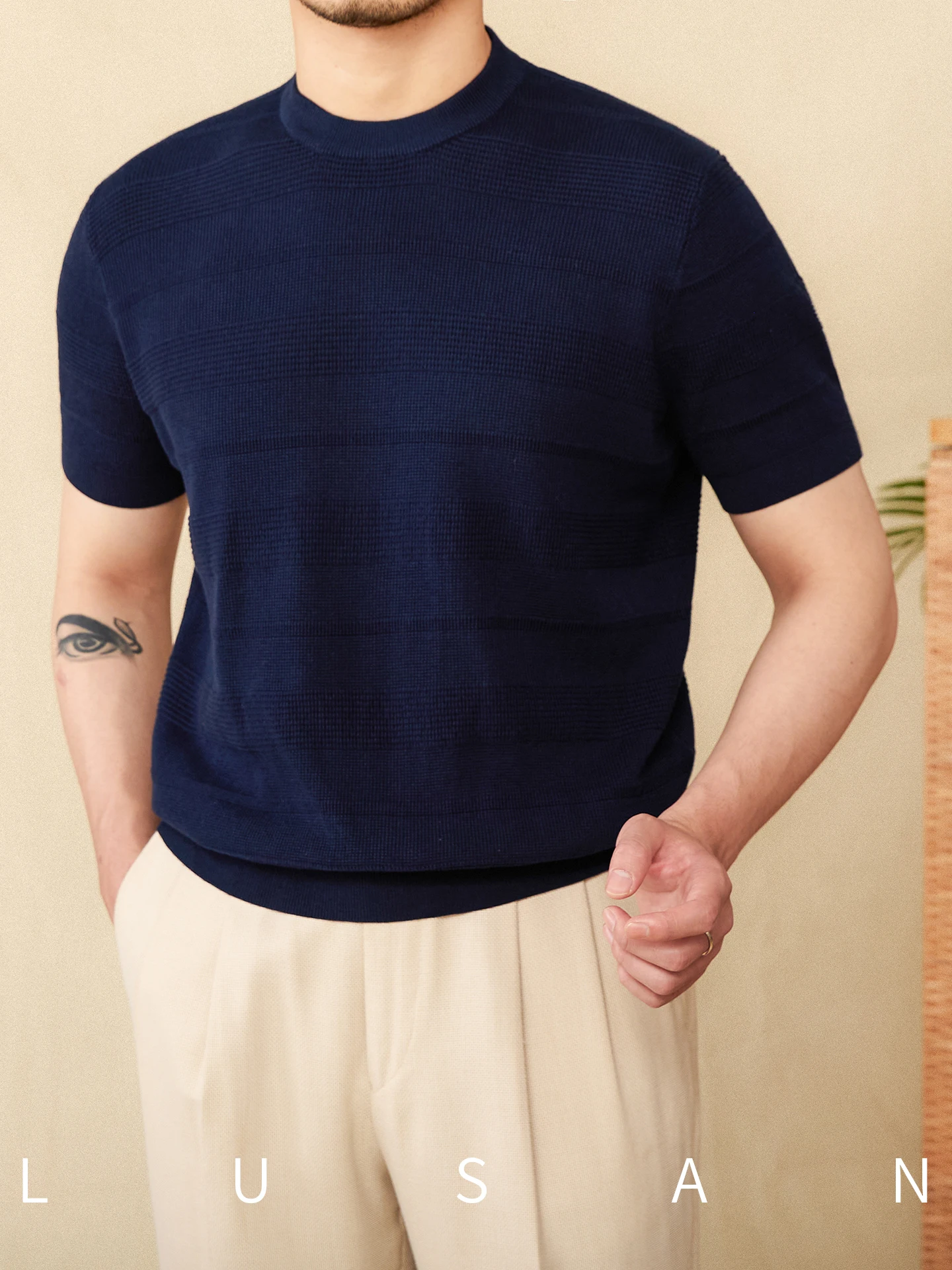 High-End Casual Retro Summer Pure Cotton Thin round Neck Short Sleeve Shirt Fashionable All-Match Bottoming Sweater for Men