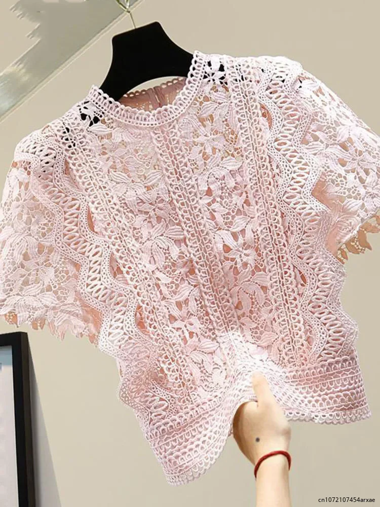 

Sweet Style Pullover Top Women's Shirt Hollow Out Lace Flower Solid Color O-neck Slim Blouse Spring Summer 2023 New