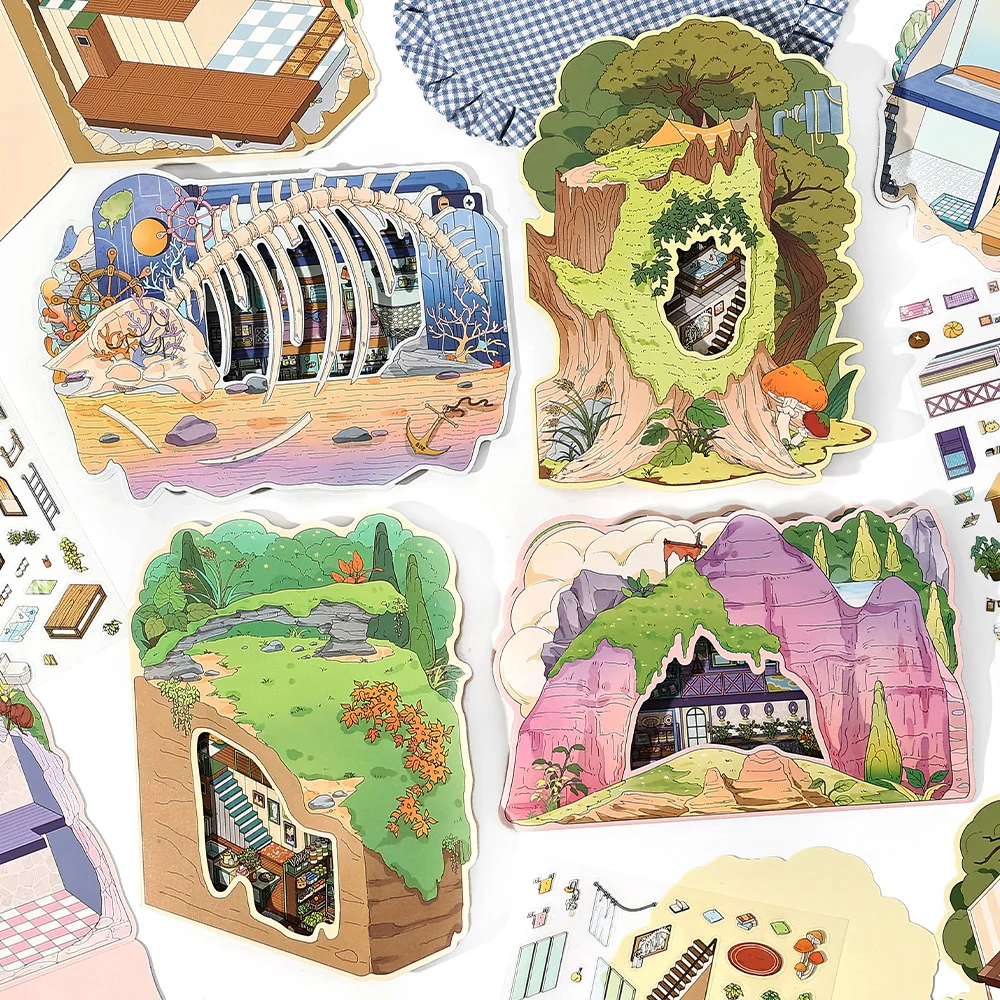 Kawaii Cartoon 2.5D Secret World Miniature Scene Stickers Visual Stacking Pocket House Handmade DIY Scrapbook Stickers