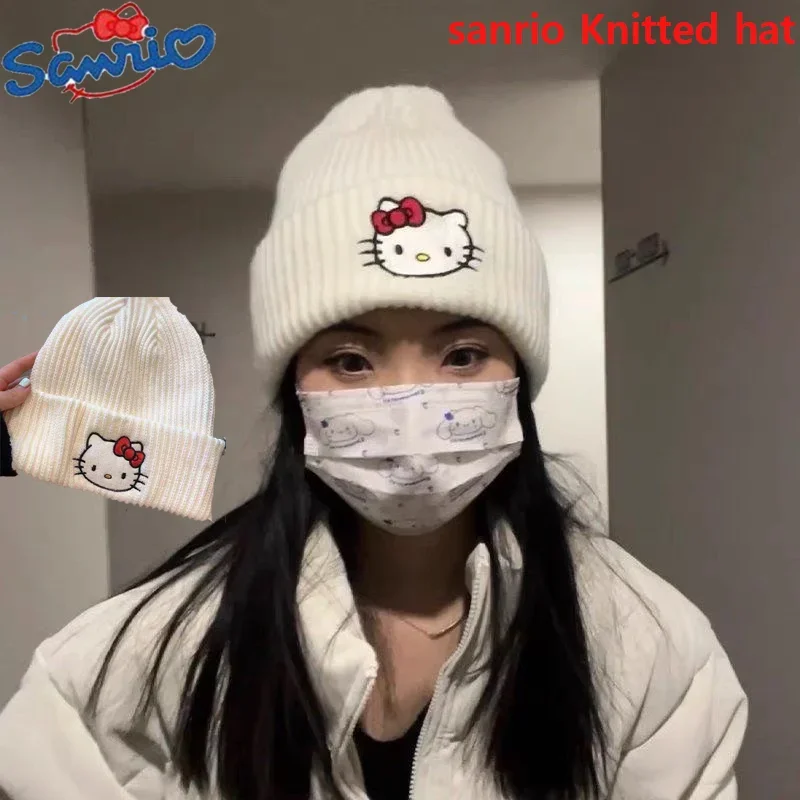 Sanrio Hello Kitty ปักถักหมวกภาพยนตร์การ์ตูนแมวหมวกขนสัตว์ฤดูหนาว WARM Kuromi หมวกอบอุ่นคู่หมวกคริสต์มาส