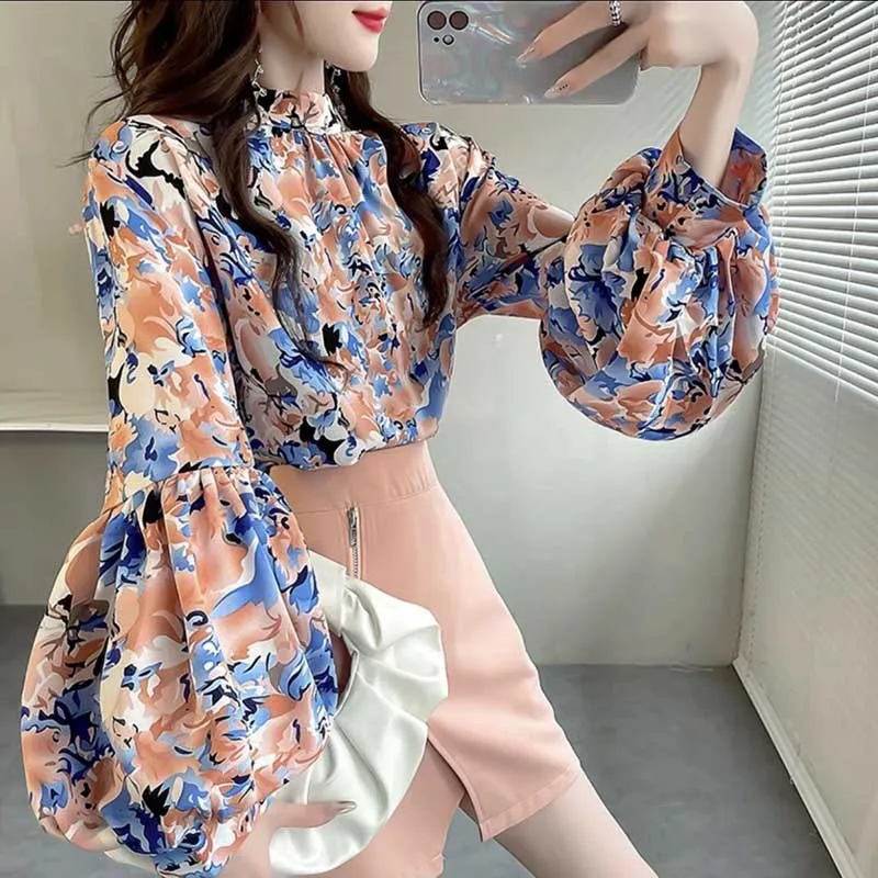 Vintage Printing Folds Floral Lantern Sleeve Blouses Women Clothing 2024 Spring Summer New Loose Korean Tops Office Lady Shirts