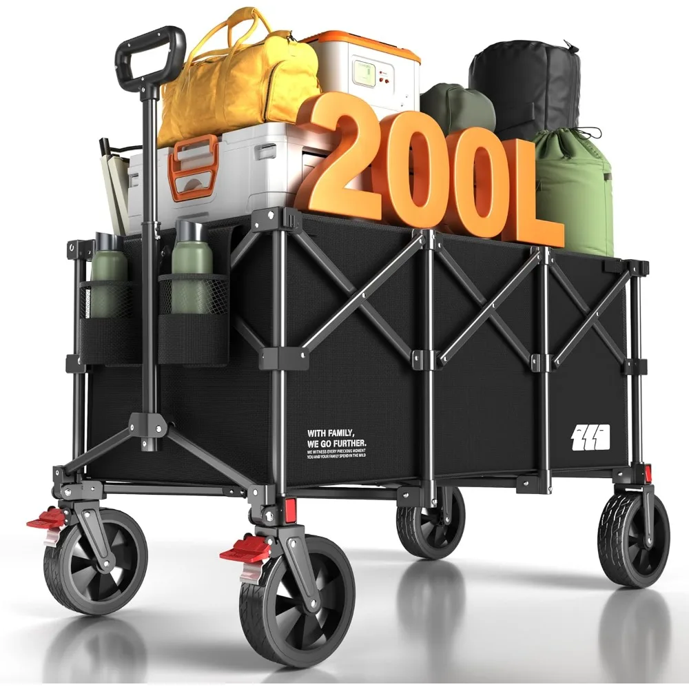

200L Collapsible Foldable Wagon, Large Heavy Duty Wagon Cart with 440lbs Weight Capacity, with Brake for Shopping