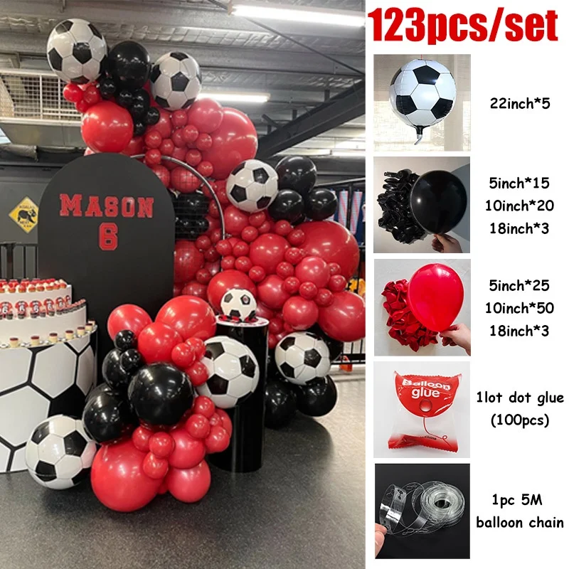 123pcs/Set, Football Balloons Garland Arch Kit, Red Black Latex Balls,Boy Man Sports Party Birthday Decoration, Father\'s Day Sup