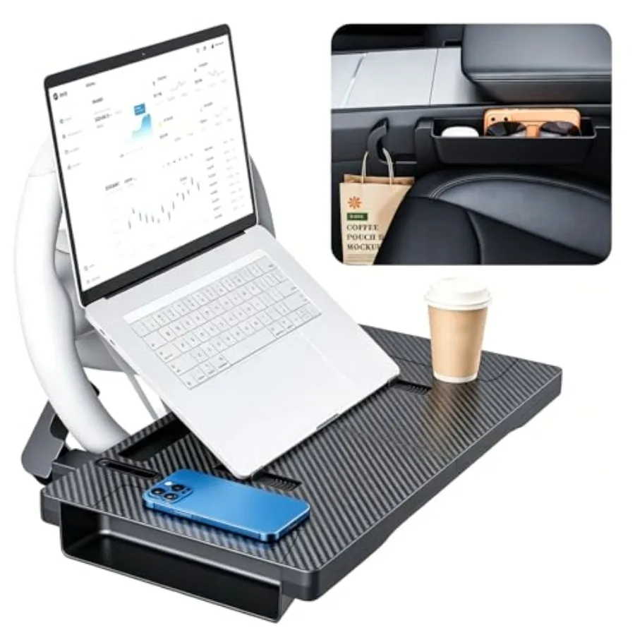 

2-in-1 Car Steering Wheel Desk Tray Seat Gap Filler Organizer, Foldable Carbon Fiber Laptop Table for Eating, Writing, Fits Sta