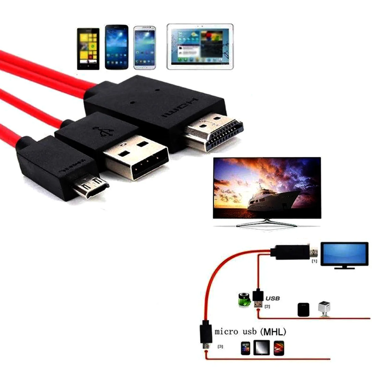 

2 Meters 11 Pin Micro Usb To Cable 1080P Hdtv Adapter For Phones Mirror Display Lightweight Portable Cord Black