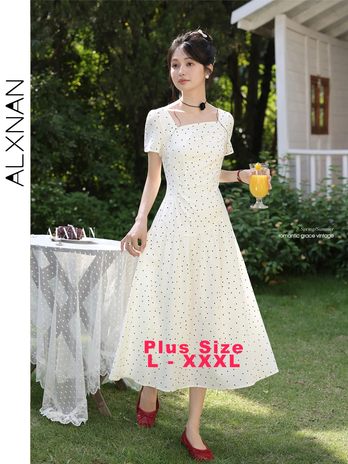 

ALXNAN Plus Size Polka Dot Dress Elegant Long Holiday Vintage Women's Dress Summer A-line Square Neck Ladies Clothing New D11158