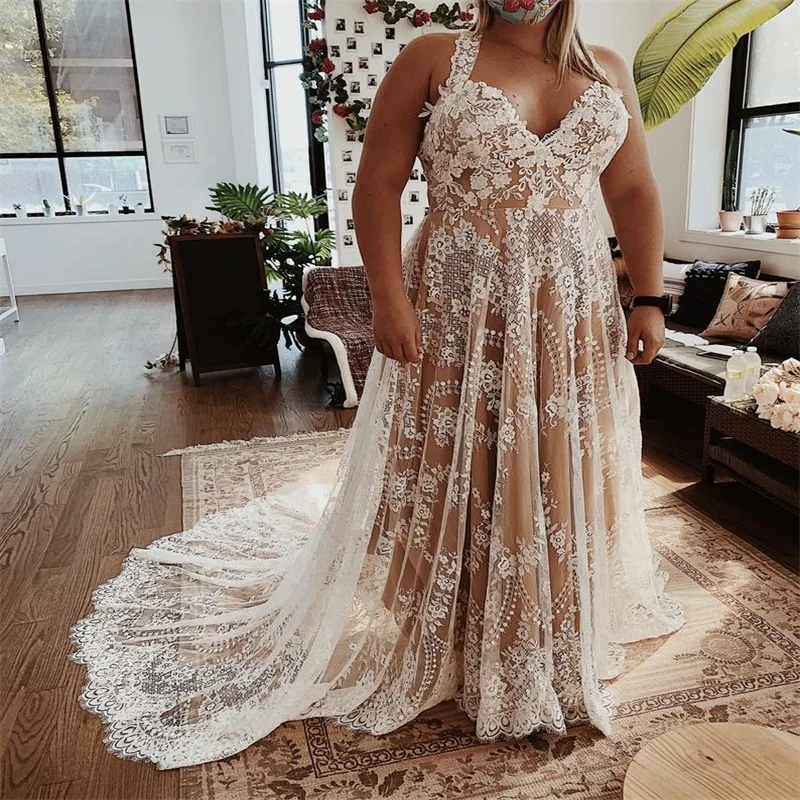 Plus size a linha vestidos de casamento boho sem mangas completo apliques lce bridl vestidos boêmio tribunal vestido personalizado mde vestido de