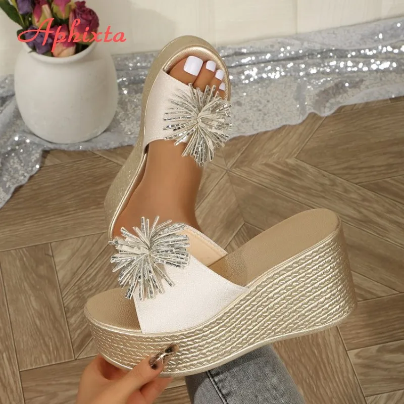 Aphixta 2026 Women's Rhinestone Tassel Wedge Slides Platform High Heel Sandals Summer Beach Open Toe Slippers Plus Size 35-43