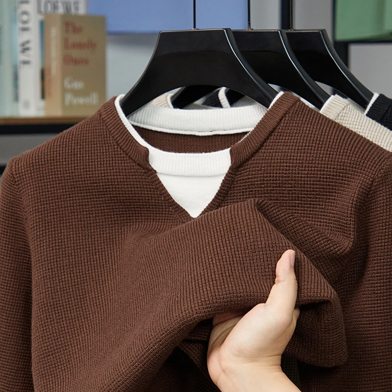 

Высококачественный мужской свитер из двух предметов с круглым вырезом, осень-зима, новый однотонный мягкий минималистичный вязаный повседневный мужской свитер