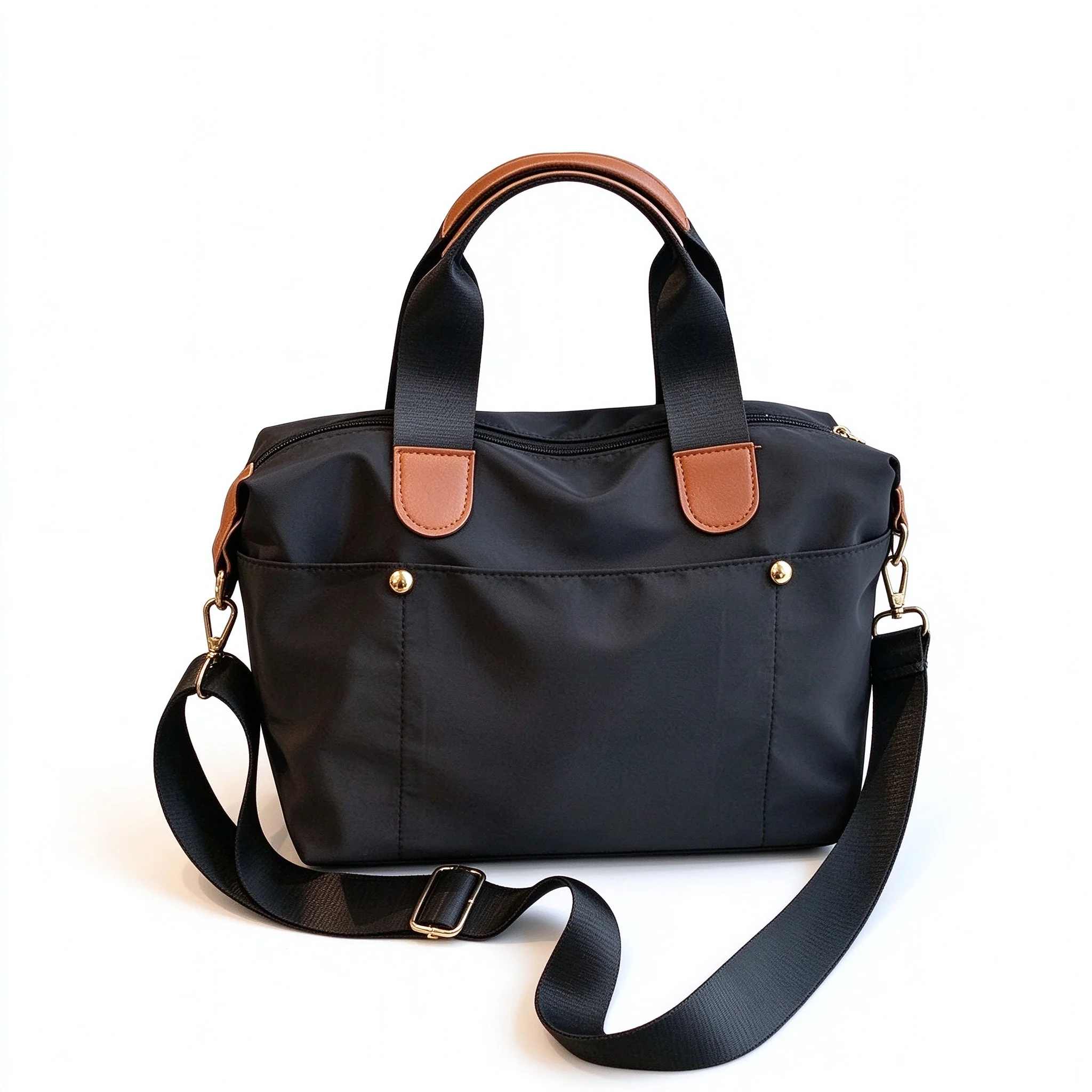 Black Khaki Nylon Canvas Tote Bag Large Capacity Crossbody Shoulder Bag with Leather Accents Travel Handbag Commute Women Men