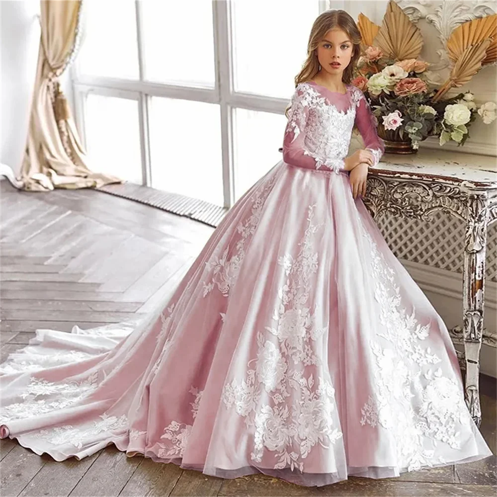 

Long Trailing Pink Flower Girls Dresses Graceful Lace Long Sleeves Tulle Princess Formal Special Occasion Custom