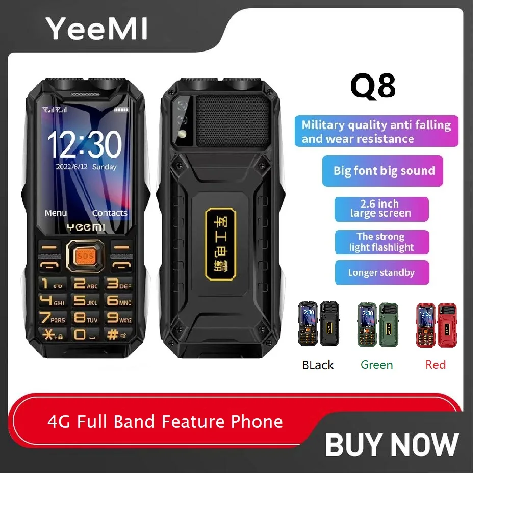 YeeMI Q8 4G Rugged Phone Waterproof Full Band Feature Phone 2.6Inch HD SOS Button Big Loudspeaker LED Light 16800mAh Battery