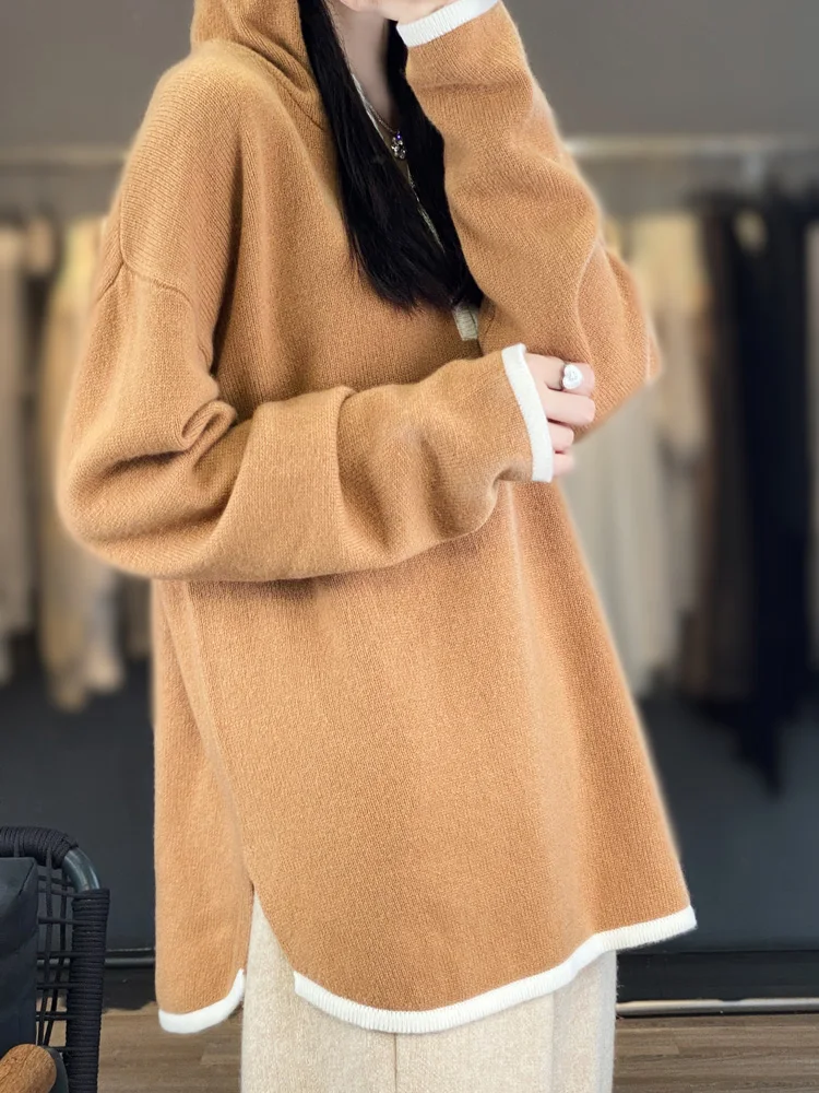 Thickened 100% pure cashmere sweater hoodie solid color pullover hooded sweater loose slim knit bottoming sweater