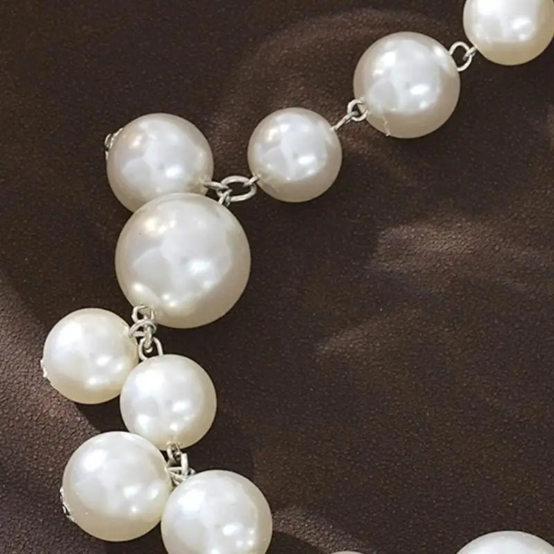 Pearls Look Statement Collarbone Necklace for Women Mixed Large Bead Design with Silver Tone Links for Wedding Guest Outfits and