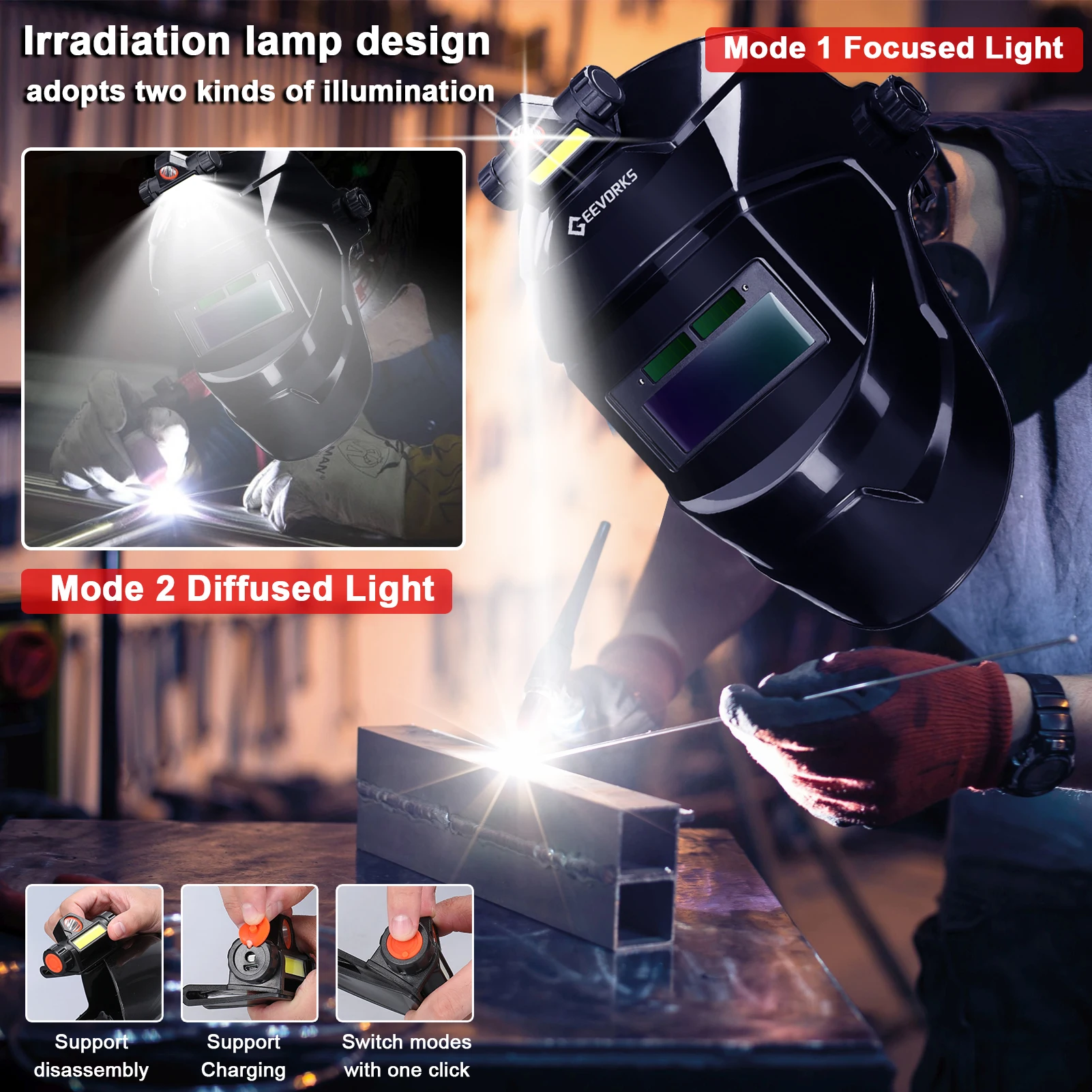 Automatic Dimming Welding Facemask Large View True Color Auto Darkening Welding Facemask 130℃ High Temperature Resistant for Arc