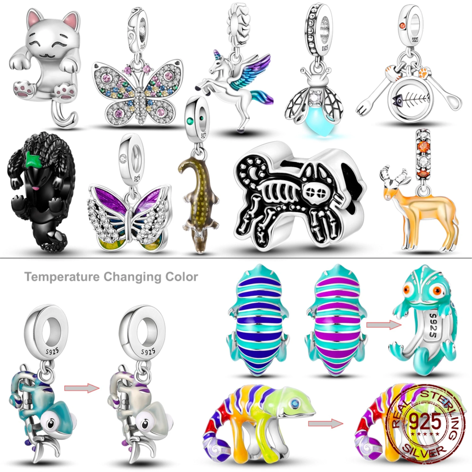 925 Silver Change Color Chameleon Charms Beads Glowworm Butterfly Pangolin Cat Dangle Fit Pandora Bracelet Necklace DIY Jewelry