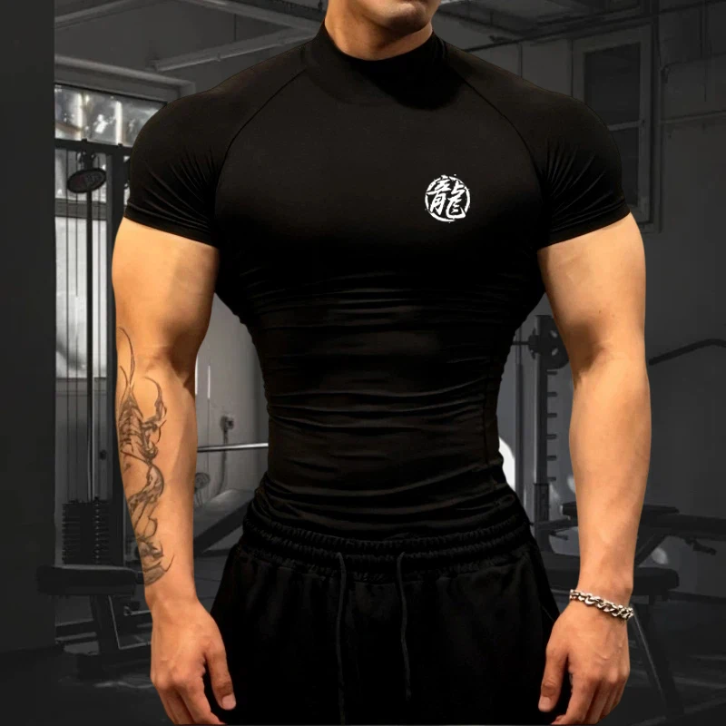 الرجال التنين طباعة التجفيف السريع كم طويل اللياقة البدنية تجريب تمتد ضيق أعلى عالية الرقبة تنفس التدريب تمتد تيز S-3XL #1