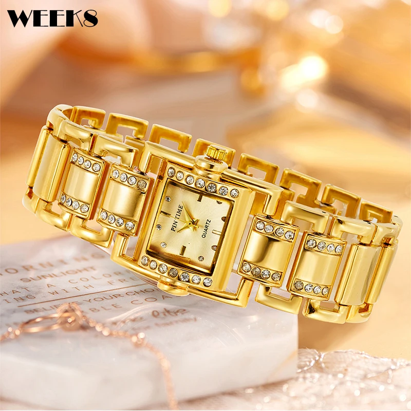 Luxury Gold Diamond Watch Women Quartz Wristwatch Square Rectangle Dial Female Black Gold Clock Fashion Vintage Gold Dress Reloj