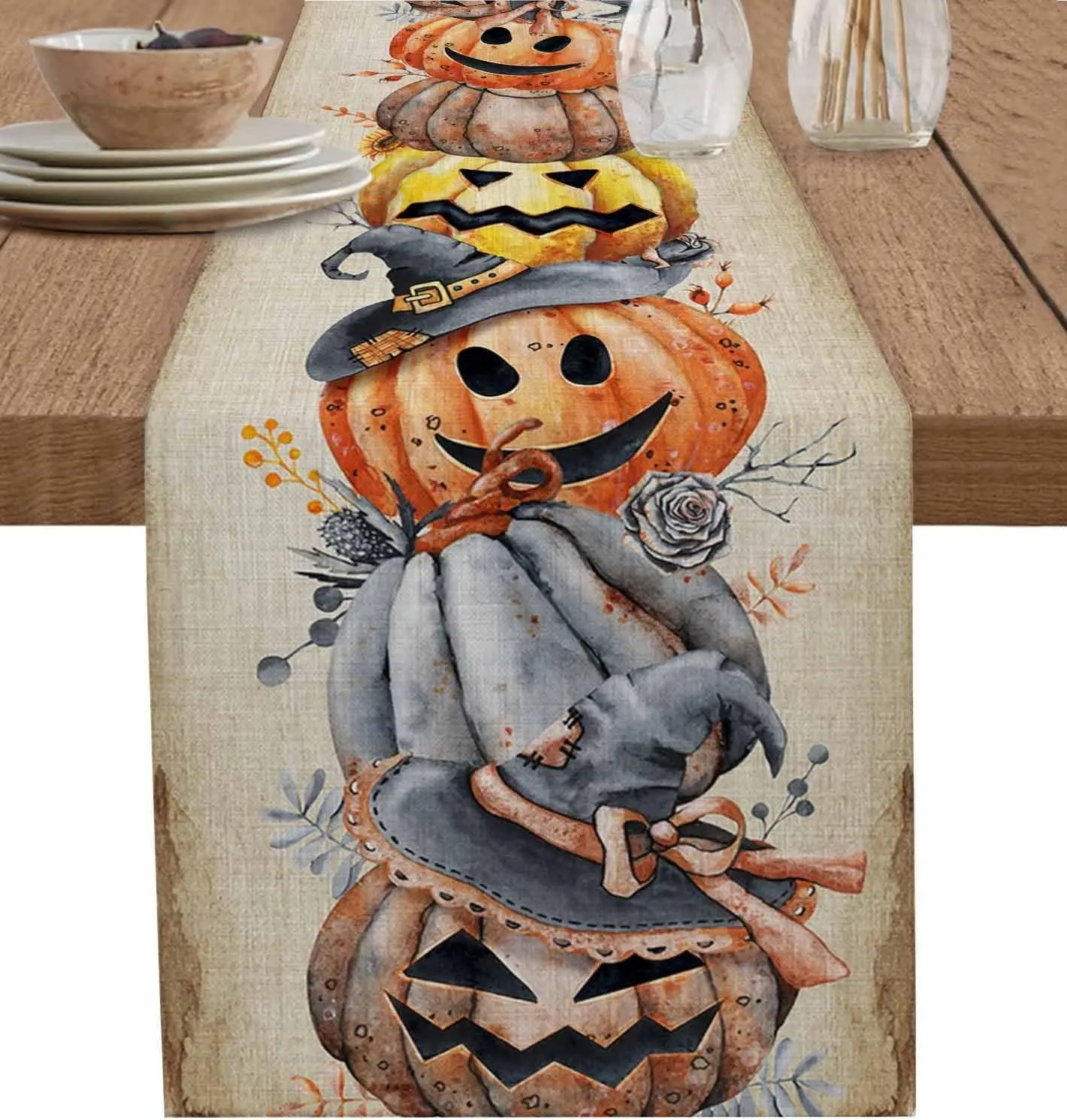 Halloween Spooky Pumpkin Eucalyptus Leaves Linen Table Runner Kitchen Dining Table Decor for Wedding Party Halloween Decorations