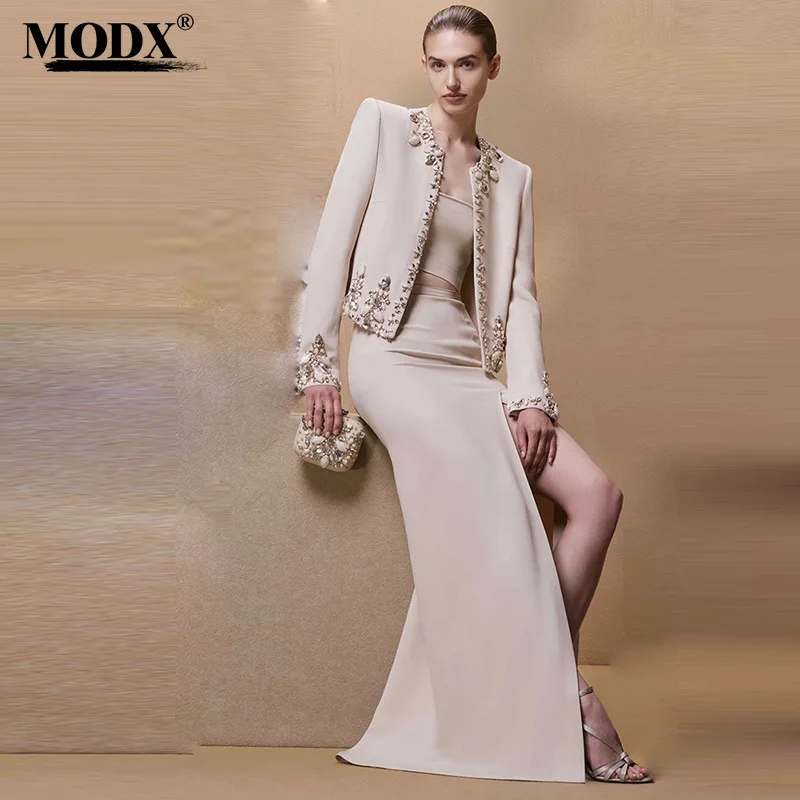 [MODX] 2024 New Star Fashion Heavy Industry Nail Bead Cardigan Jacket Split Half Skirt Set Two-piece Set