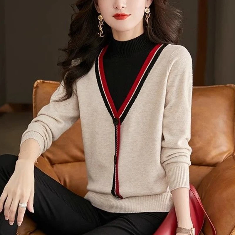 Spring Autumn New Half High Collar Long Sleeve Fashion Sweater Women High Street Contrast Color Button Fake Two Pieces Pullovers