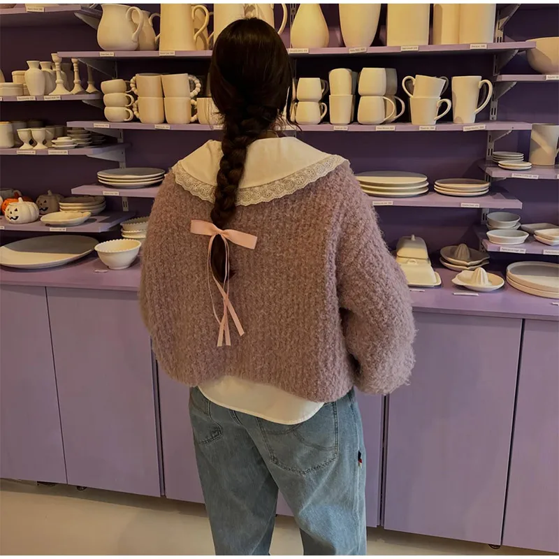 Retro Plush Single Breasted Cardigan Women Elegant Loose Solid O-neck Short Sweaters Female Winter Autumn Chic Street Knitwear